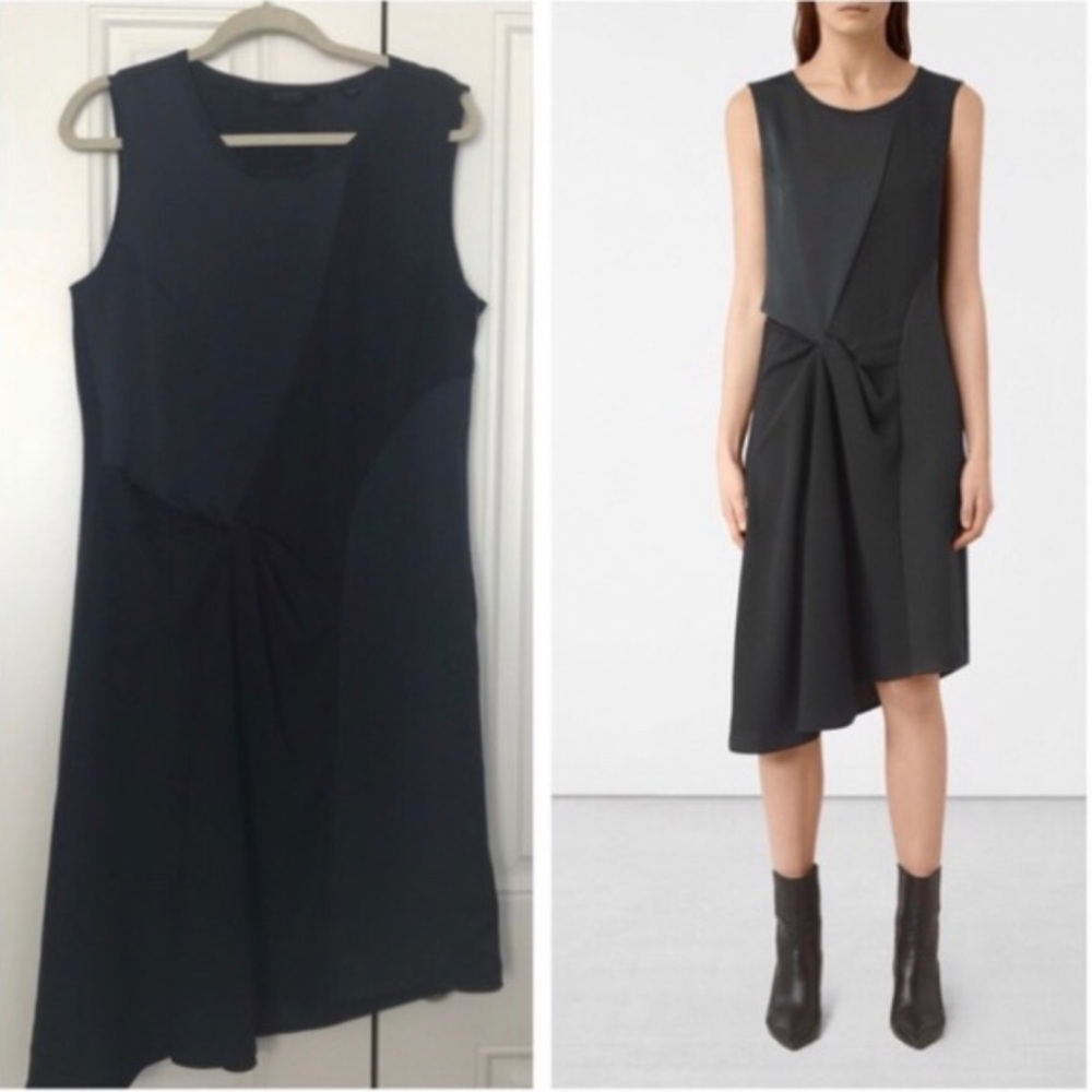 All‎ Saints Fern Satin Asymmetrical Midi Black Dress NWT